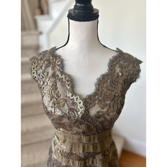 Tadashi Shoji Bronze Brown Sequin Lace V-Neck Sheath Dress - Picture 4 of 8